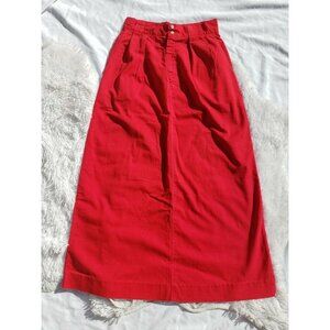 Vintage Red Skirt Size 9/10 Pleated Pockets Cotton Back Slit Long Retro Midi 80